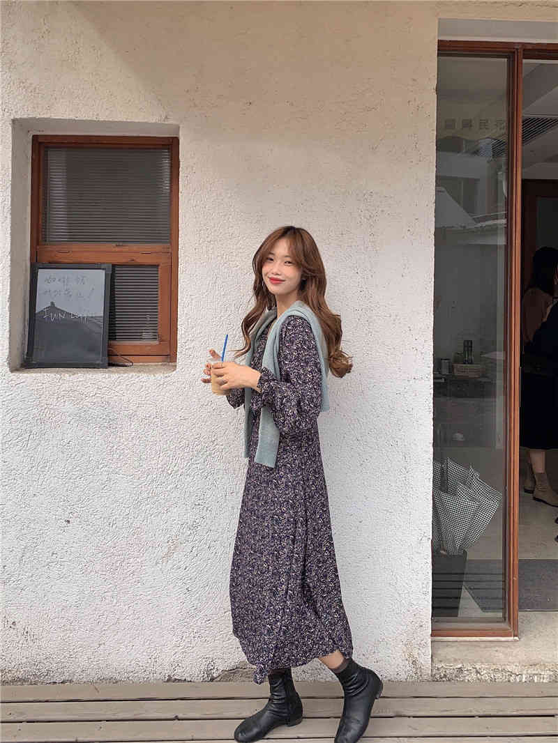Spring Autumn Women Ladies Sleeve Boho Chiffon Floral Print Robe Medium Long T-Shirt Dress T0D22C 210416