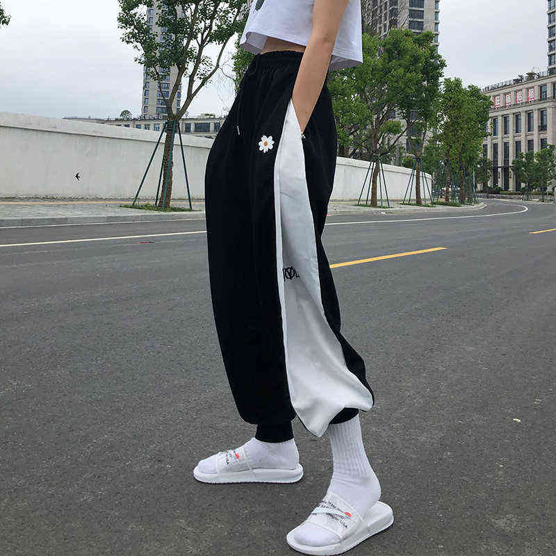 White Blue Contrast Loose Jogging Pant High Waist Drawstring Trousers Casual Female Korean Streetwear 211124Z