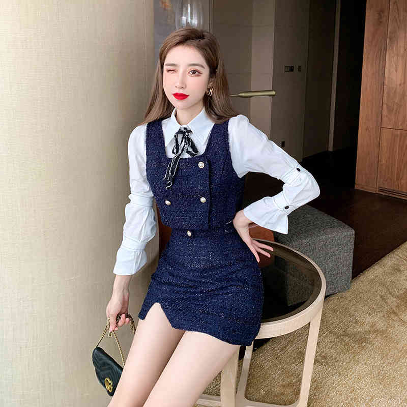 Autumn 3 Piece Set Women Sweet White Long Sleeve shirt + Tweed Golden Double Breasted Vest Crop Top+High Waist Mini Skirt Suit 210518