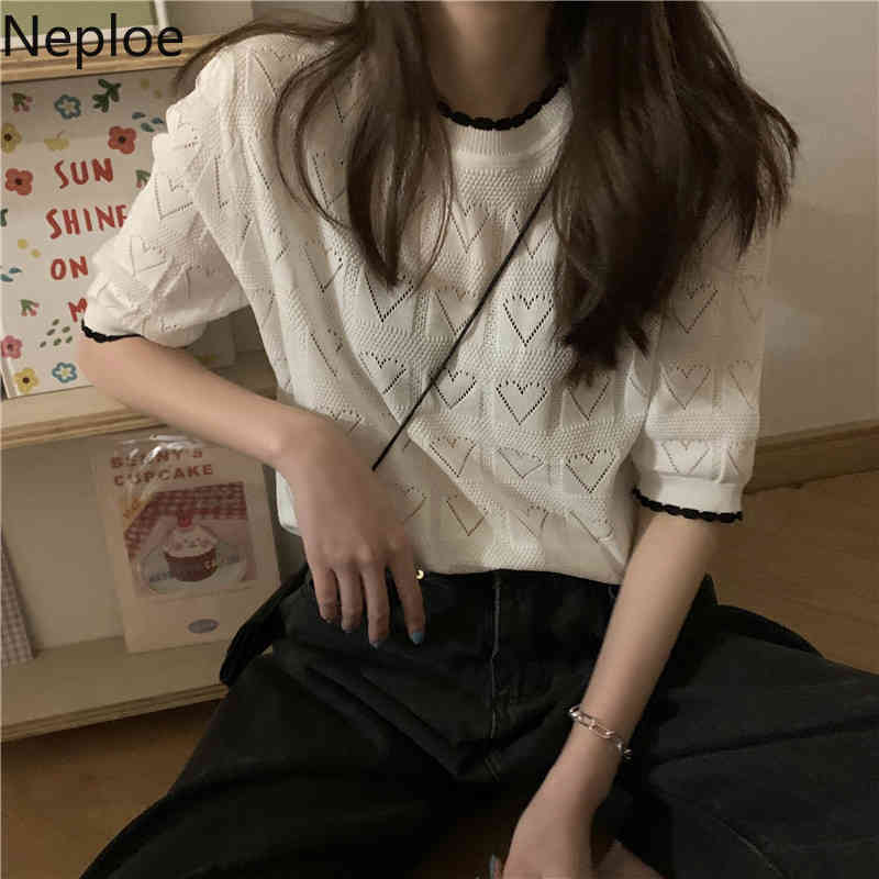 Neploe Women's T-shirts O Neck Short Sleeve Knitted Tops Summer Korean New Loose Solid Pullover Hollow Out Tees Shirt Femme 210422