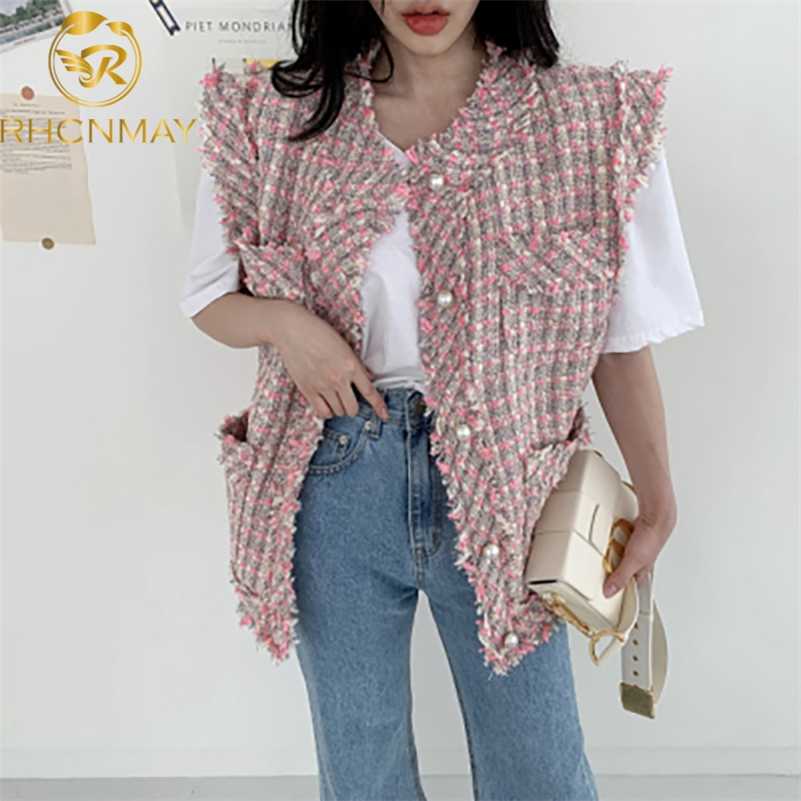 Women's Clothing Autumn Small Fragrant Pearl Buttons Tweed Vest Jacket Loose Fitting Single Breasted Vest 211106