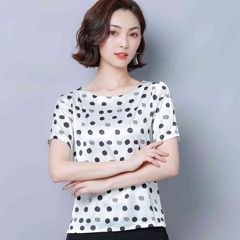 Blusas Mujer De Moda Style Short Sleeve Elegant Printed Satin Blouse Women O-neck Loose Versatile Fashion Tops 8682 50 210427