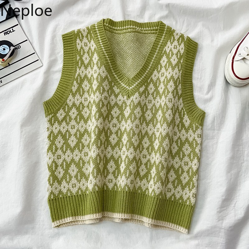 Neploe Fashion Plaid Knitted Sweater Vest Women V-neck Sleeveless Knitwear Pullovers Tops Fall Clothes Short Jumper Tank Coat 210422