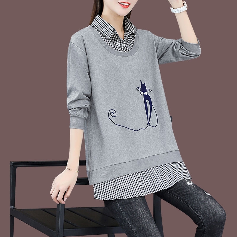 Fake two polo collar stitching sweater women 2021 new Korean spring and autumn thin long sleeve top loose coat, Gray 
Fake two polo collar stitching sweater women 2021 new Korean spring and autumn thin long sleeve top loose coat, Gray