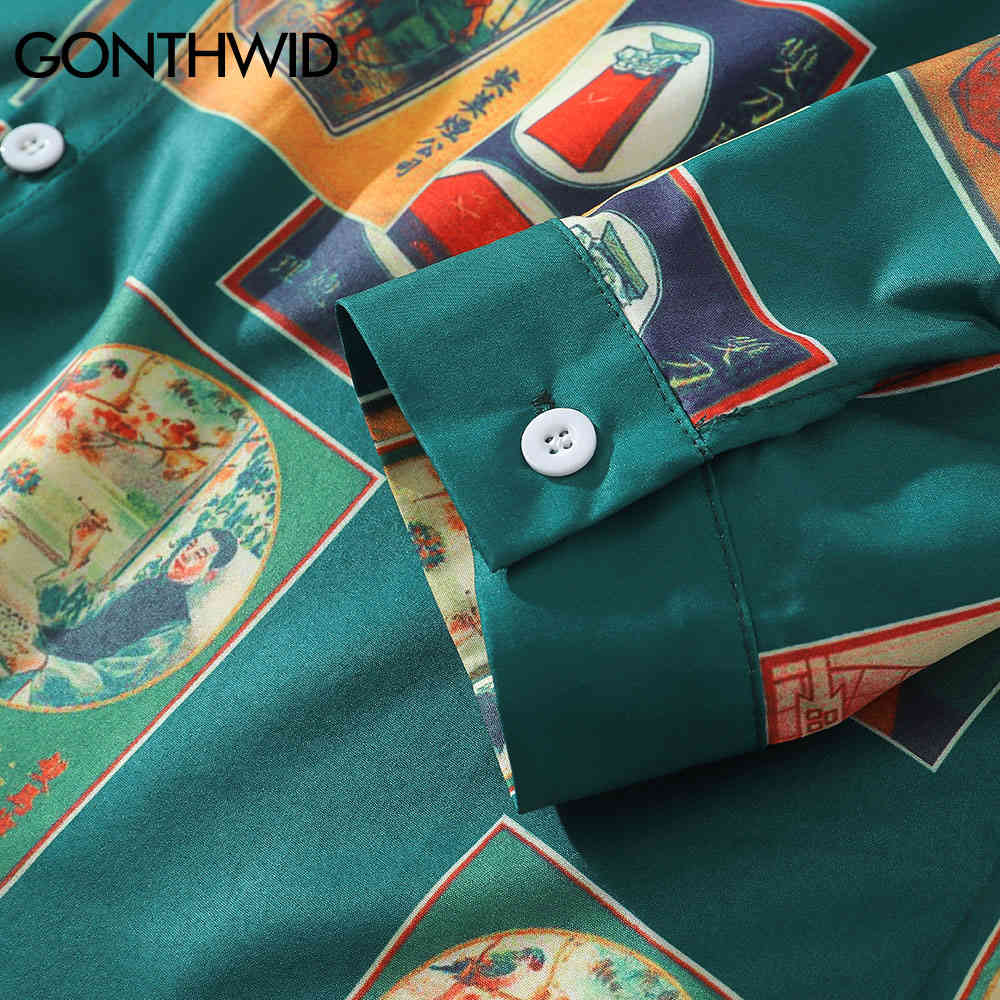 GONTHWID Hawaiian Beach Shirts Harajuku Vintage Poster Print Long Sleeve Aloha Party Holiday Shirt Mens Casual Button Down Tops 210410