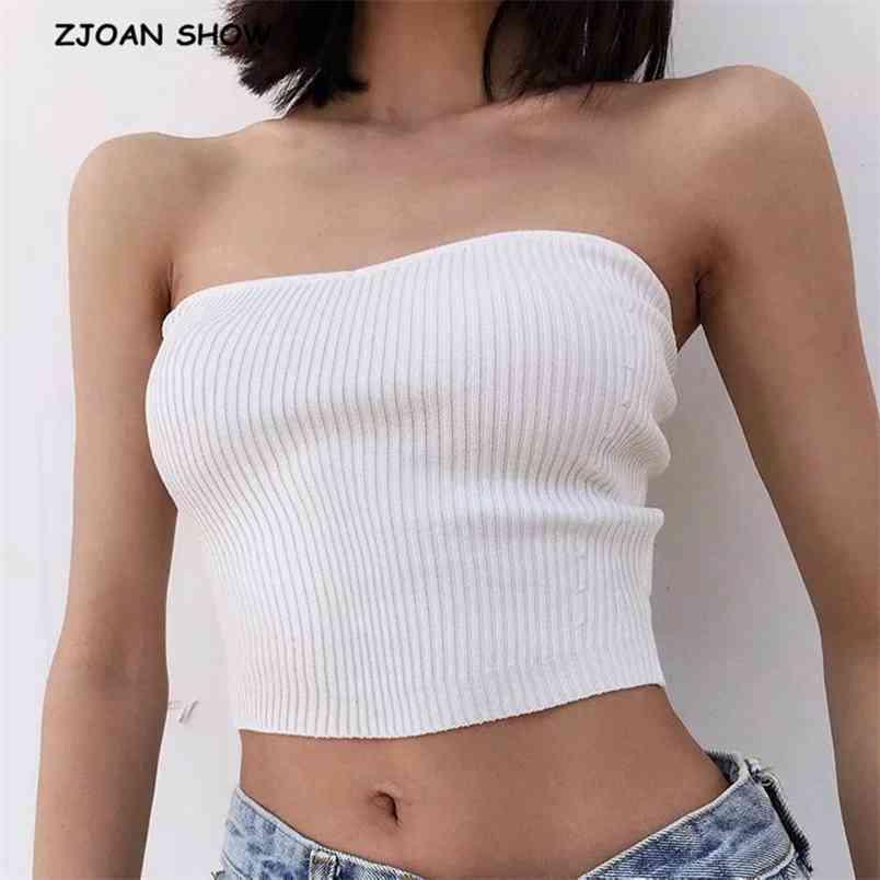 Sexy V neck Knitting Strapless Corset Camisole Tank Top Backless Casual Cropped Women Knitted White Skinny Cami 210429