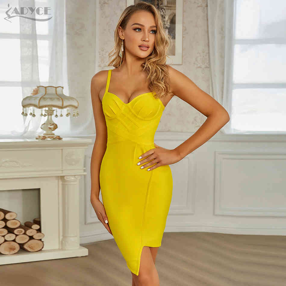 Winter Women Spaghetti Strap Sleeveless Bandage Dress Sexy V Neck Yellow Mini Club Celebrity Runway Party Dresses 210423