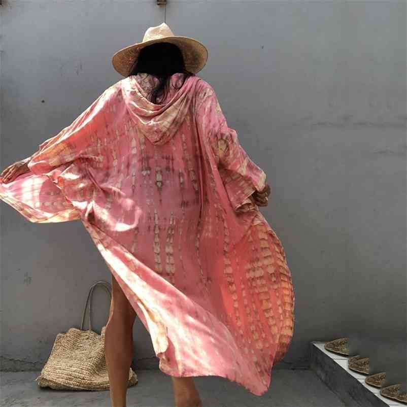 Bohemian Printed Women Beach Dress Bathing Suit Cover Up Summer Tunic For Hooded Beachwear Robe de plage Kaftan A747 210420