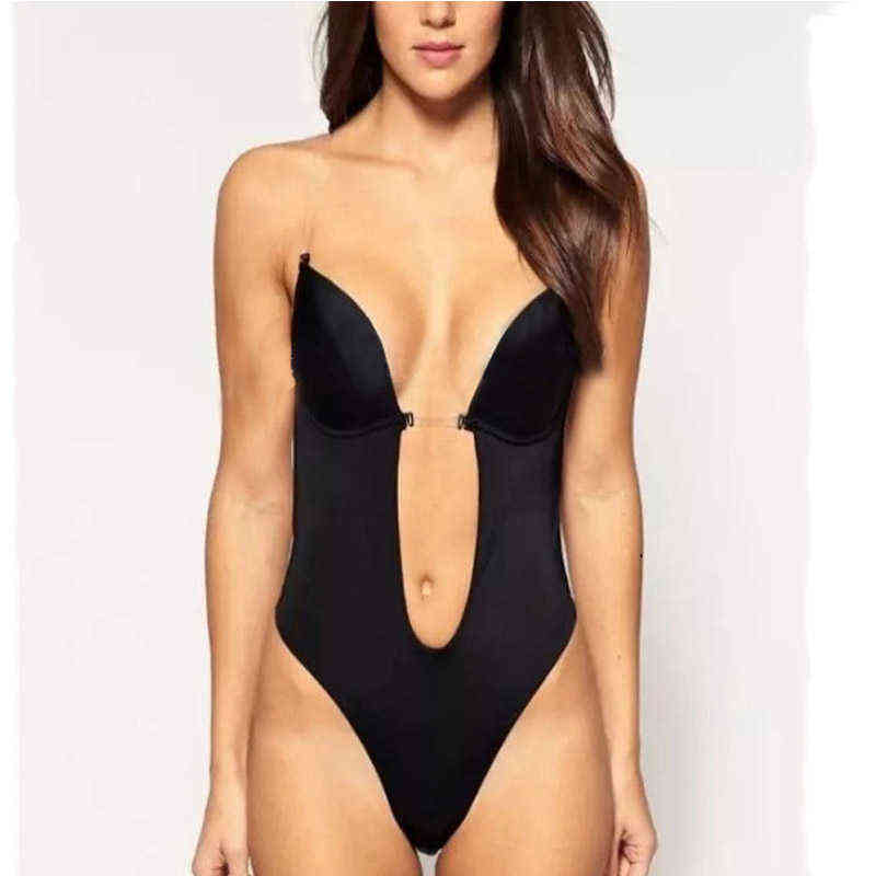 Women Seamless Backless Bodysuit Underwear Sexy Lingerie Invisible Bra Slimming Body Shaper Plunge Deep Cut Bras Strap Brassiere 211116