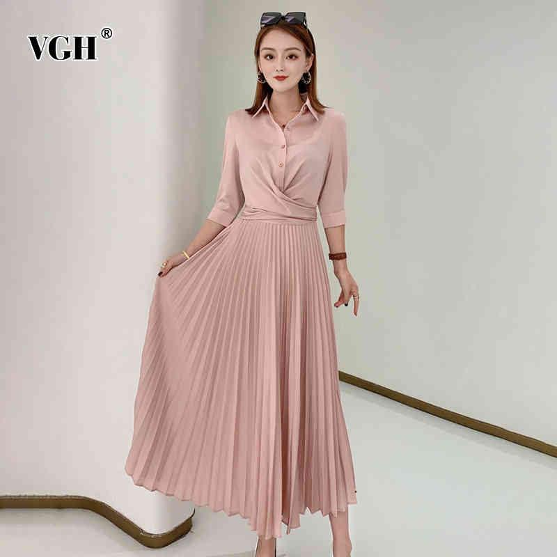 VGH Vintage Pink Shirt Dress For Women Lapel High Waist Pleated Elegant Midi Dresses Female Fashion New Clothing Spring Style 210421