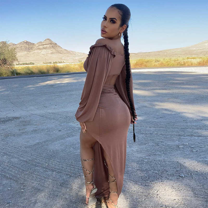 Colysmo 2 Piece Set Women Tie Up Long Sleeve Crop Top Black Split Skirts Beach Party Wear 2 Skirt Sexy Clothes 210527