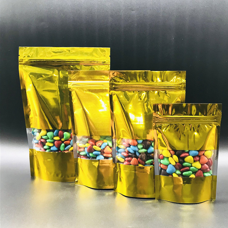 100pcs Stand up Glossy Gold Window Zip Lock Bag Resealable Golden Heat Sealing Sugar Kitechen Supplies Ground Coffee Corn Snack Display Storage Pouche