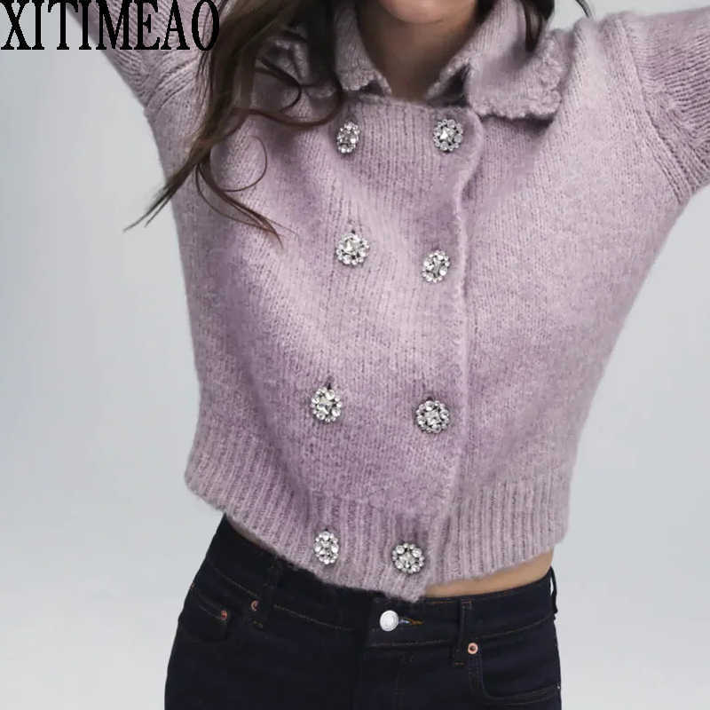 ZA Women Fashion With Rhinestone Buttons Purple Knitted Cardigan Sweater Vintage Long Sleeve Loose Female Outerwear Chic Tops 210602
ZA Women Fashion With Rhinestone Buttons Purple Knitted Cardigan Sweater Vintage Long Sleeve Loose Female Outerwear Chic Tops 210602