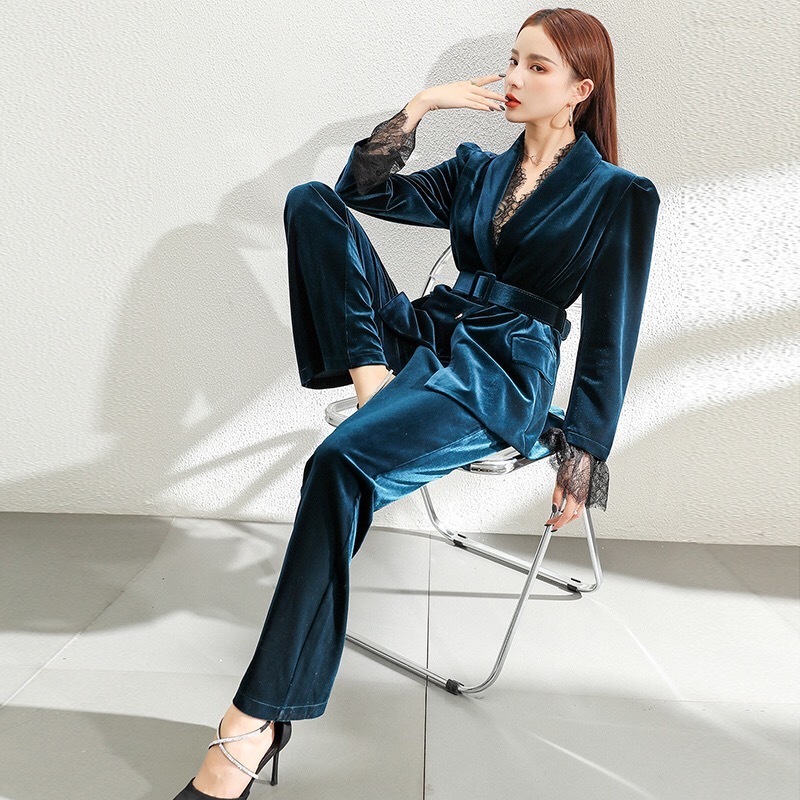 Two-pieces Set Elegant High-quality Women's Suit Long Pants Fashion Sleeve Ladies Jacket Casual Lace Velvet Flared 210421