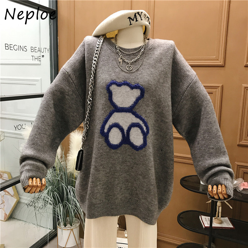 Neploe O Neck Pullover Long Sleeve Knit Sweater Women Thick Bear Pattern Warm Pull Femme Autumn Winter Outwear Sueter Mujer 210423