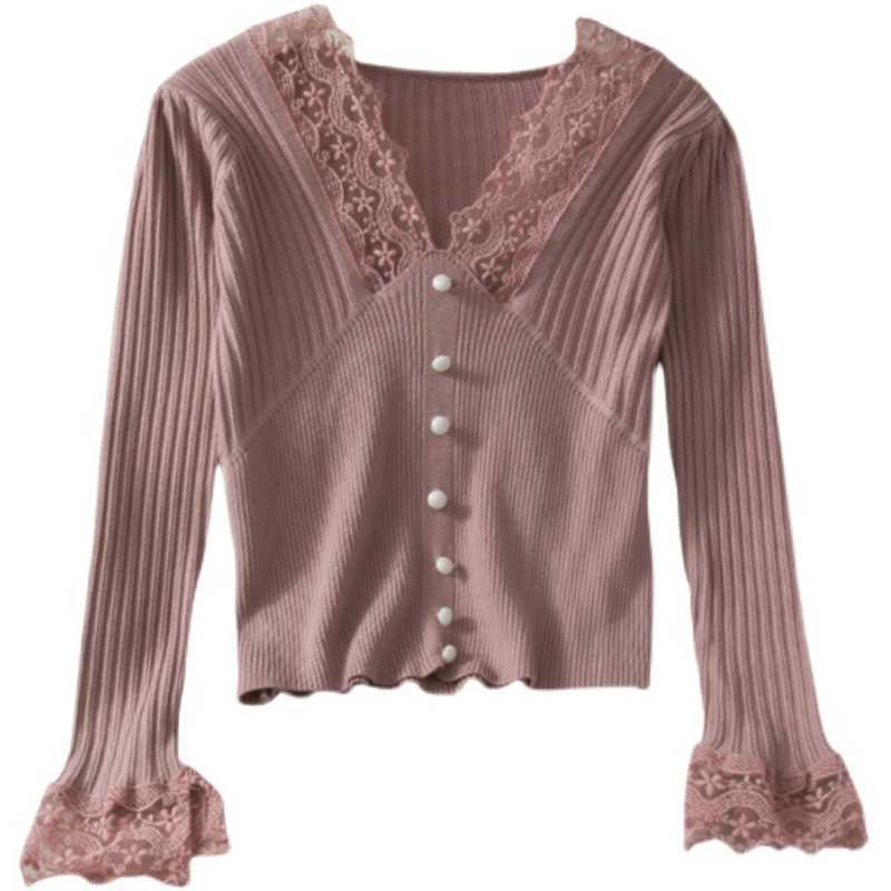 LY VAREY LIN Spring Autumn Women Lace Stitching Sweater Vertical Stripe Thin Slim Bottoming Shirt Short Tops 210526