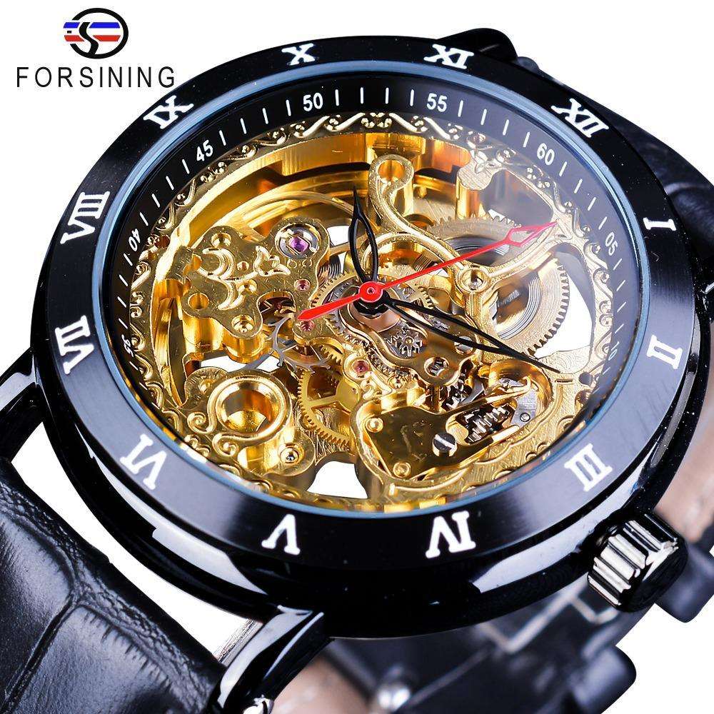 7A+Forsining Retro Flower Design Classic Black Golden Watch Genuine Leather Ban…