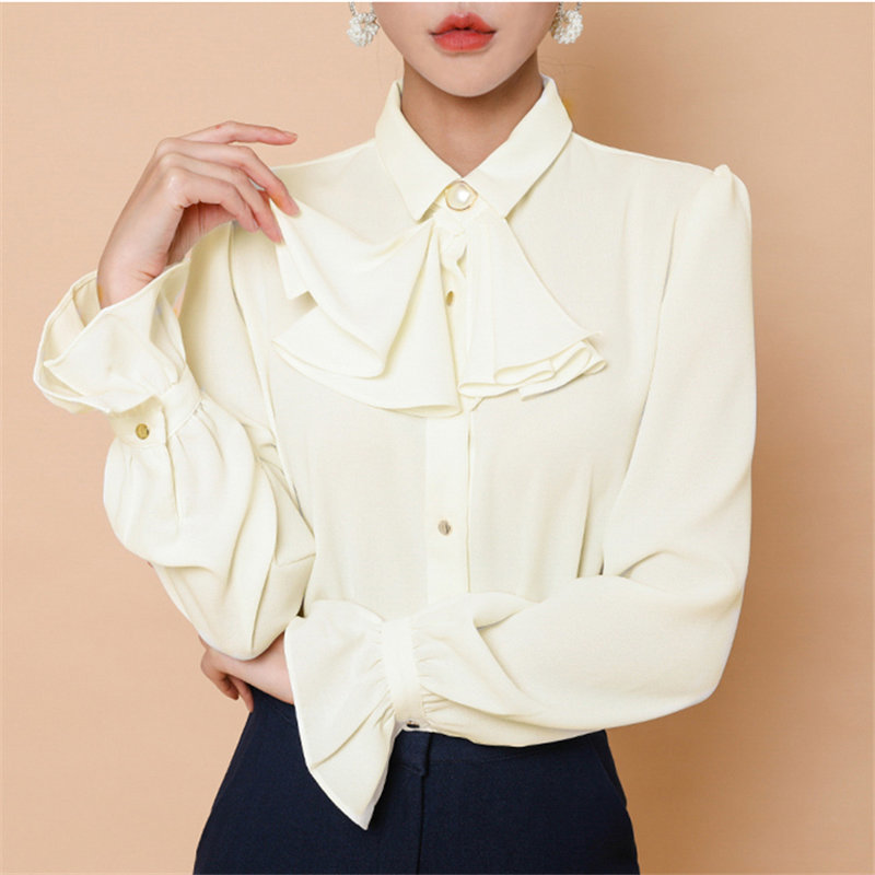 Fashion Apricot Women Formal Plus Size Blouse Elegance Flare Sleeved Bow OL Shirt Solid Office Lady Basic Tops 210421