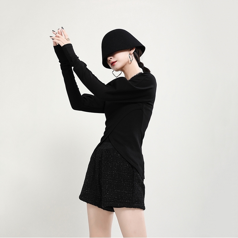 [EAM] Women Shaped Irregular Tight T-shirt New Round Neck Puff Long Sleeve Fashion Tide Spring Autumn 1DD2529 210406