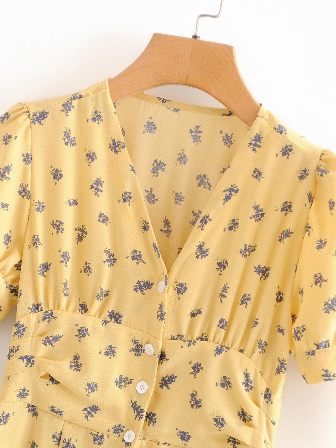 French V neck Front Slit Floral Midi Dress Holiday Woman Tie Bow Cuff Slim Waist Short Sleeve Tea Dresses Vestido 210429