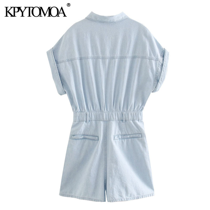 Women Chic Fashion Pockets Denim Playsuits Turn-up Sleeves Elastic Waist Female Short Jumpsuits Mujer 210420
