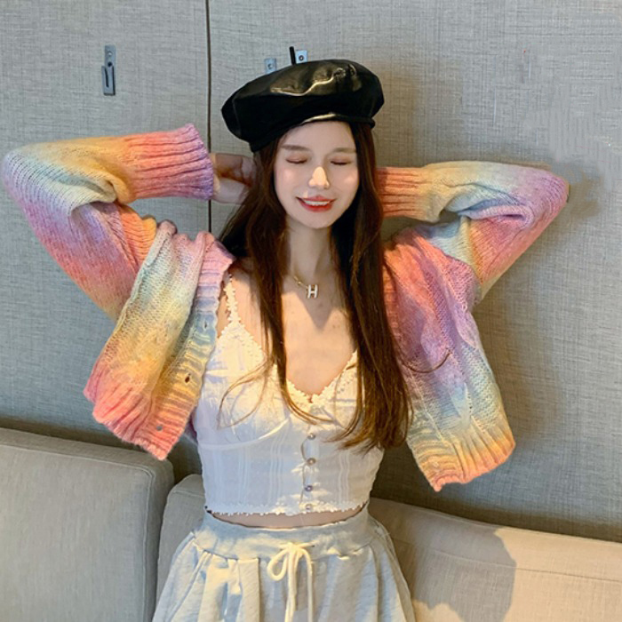 Nomikuma Rainbow Tie Dye Women Short Knitted Cardigan Causal Long Sleeve V-neck Sweater Coat Korean Knitwear Jacket 6D456 210427
