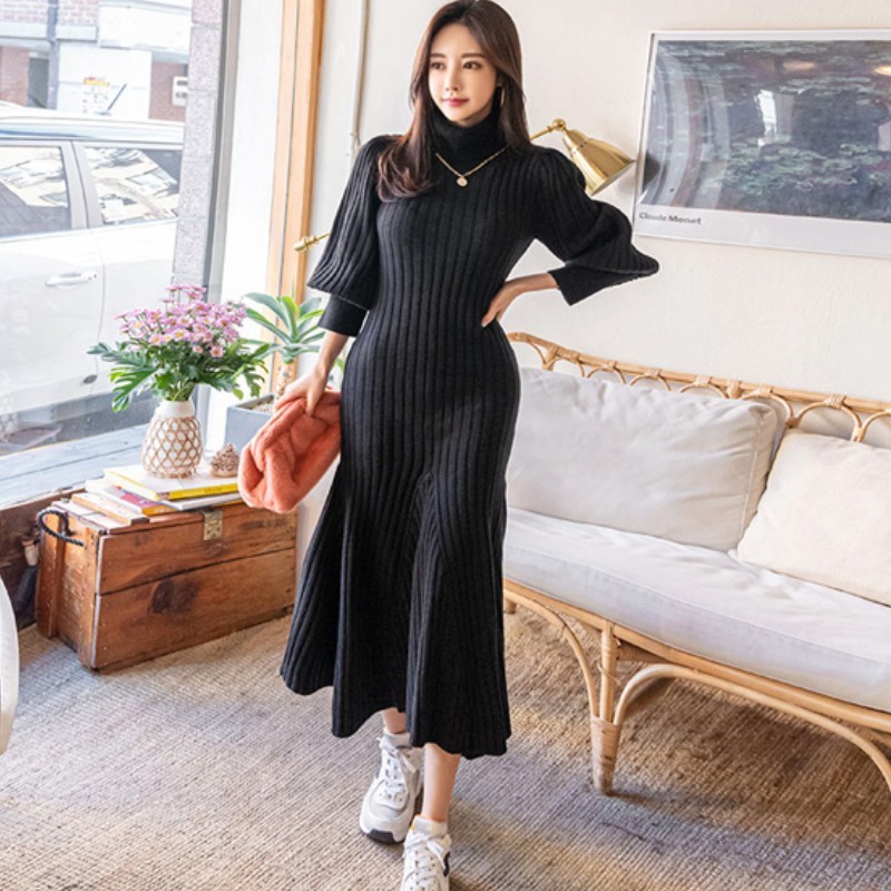 Autumn Winter Thick Knitted Mermaid Maxi Dress Women Warm Fashion Korean Lantern Sleeve Sweater Vestidos With Belt 210519