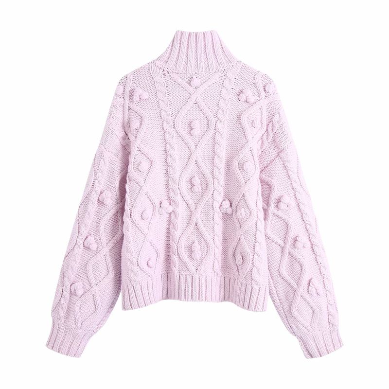 Casual Woman Purple Furry Ball Sweater Fashion Ladies Autumn Soft Mock Neck Knitwear Female Sweet Solid Color Knit Top 210515