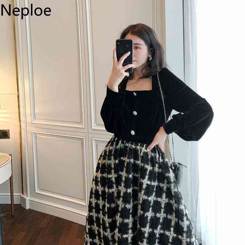 Neploe Women Party Dress Retro Elegant Plaid Dresses High Waist Black Patchwork Long Robe Korean Square Collar Velvet Vestidos 210422
