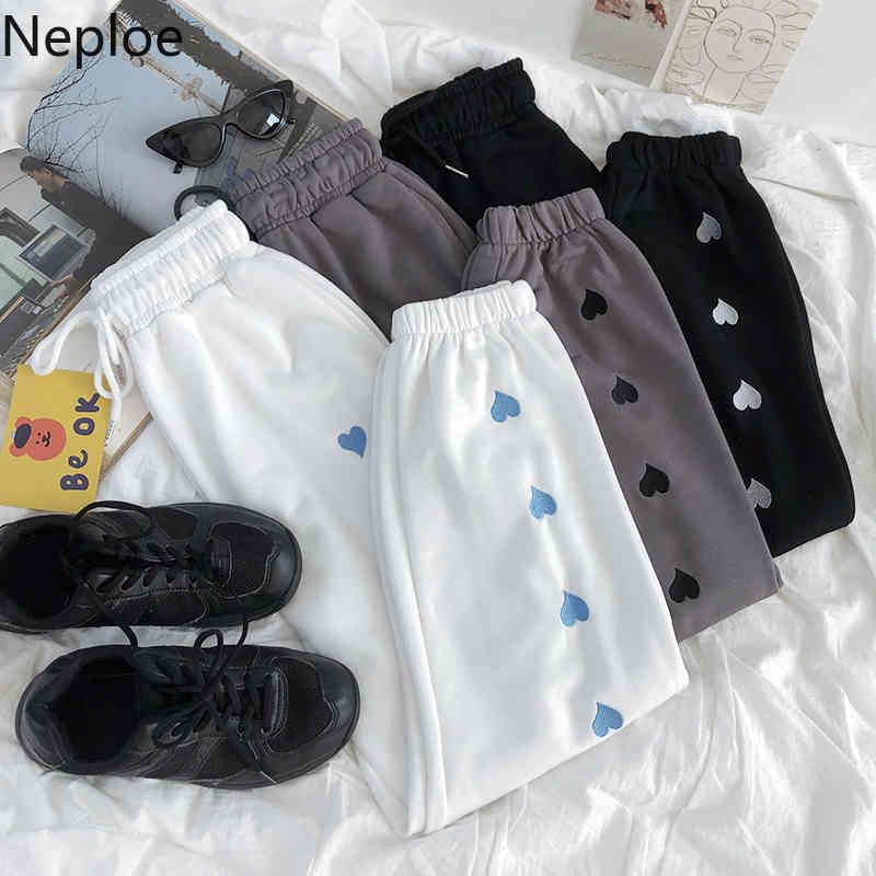 Neploe Sweetwear Sweatpants Women Loose Heart Embroidery Casual Wide Leg Pants Spring Korean Pantalon High Waist Slim Trousers 210422