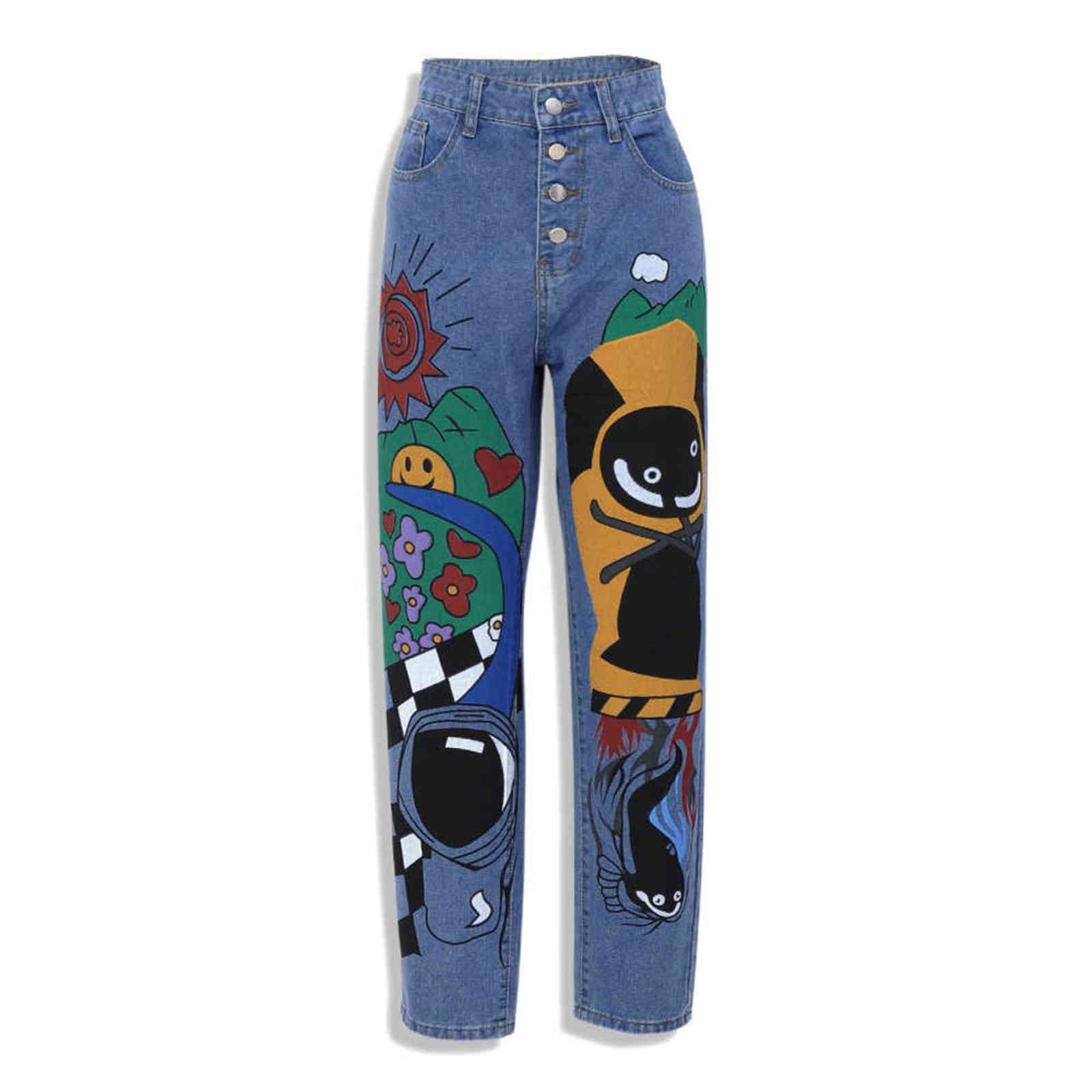 Womens Cartoon Printed Jeans Atumn Winter Girls Harem Pant Trousers Single Breasted Pants Denim Female Hight Waist Jean 211129