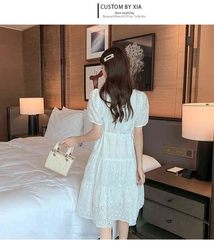 Fashion Lace Hollow Out Puff Sleeve Summer Dresses Slim Waist Embroidery White Dress Vestidos 210520