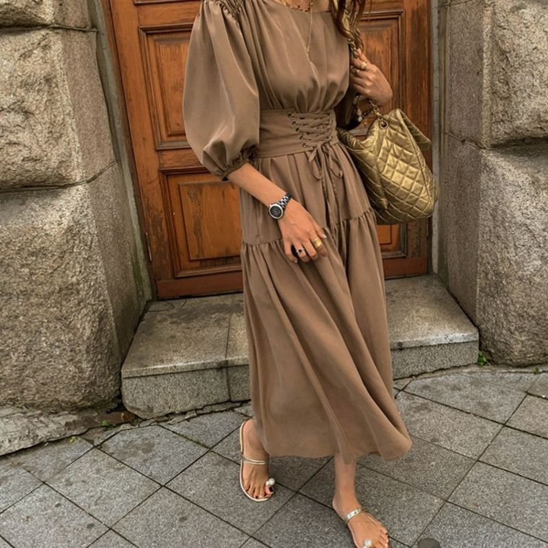 Summer Dress Round Neck Sashes Elegant Slim Lantern Sleeve Loose Fit Fashion 2H125 210526