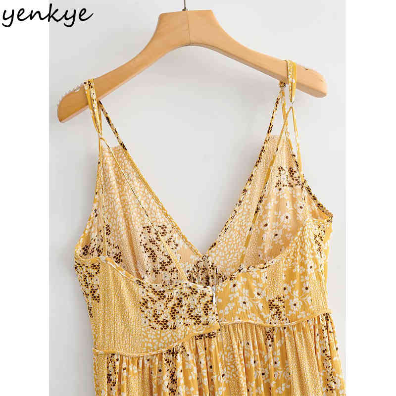 YENKYE Yellow Vintage Floral Print Sexy Sling Dress Women Backless V Neck Sleeveless Holiday Summer Beach Dress Short Robe 210515