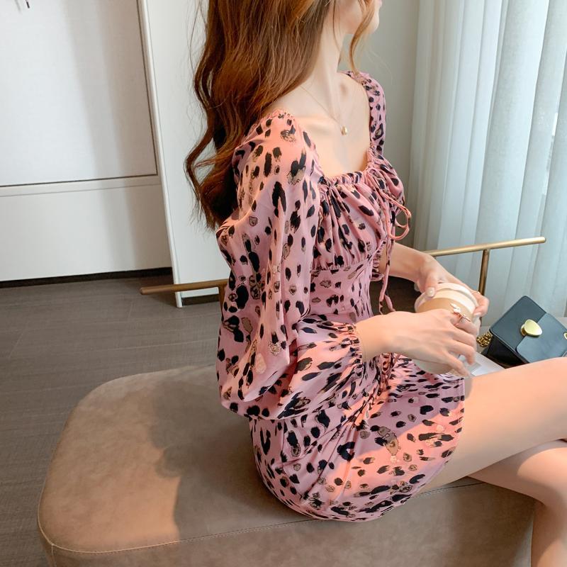 Square Collar Sweet Pink Dresses Women French Fashion Leopard Print Spring Office Lady Mini Vestidos 12974 210506