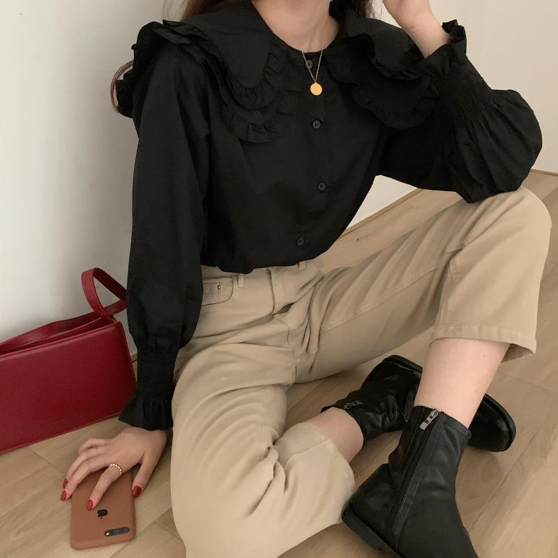 Fashion Long Sleeve White Shirt Women Peter Pan Collar Ruffles Vintage 's Shirts Casual Cotton Blouse Blusa 12392 210508