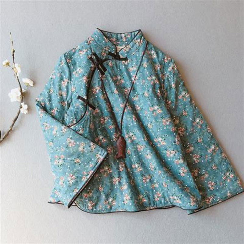 Autumn Winter Arts Style Women Long Sleeve Vintage Button Cotton Padded Coat Linen Loose Warm Print Jacket S49 210512