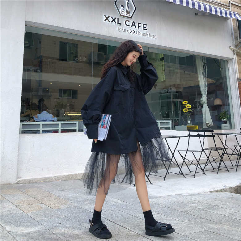 Korean Stitching Screen Yarn Long Shirt Lace Full Solid Streetwear Shirts Casual Women 210615, Black
Korean Stitching Screen Yarn Long Shirt Lace Full Solid Streetwear Shirts Casual Women 210615, Black