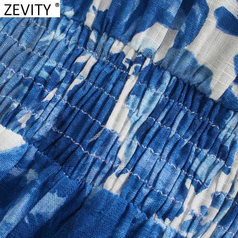 Zevity Women Fashion Knotted V Neck Floral Print Calf Length Jumpsuits Chic Lady Short Sleeve Elastic Waist Casual Rompers P1130 210603