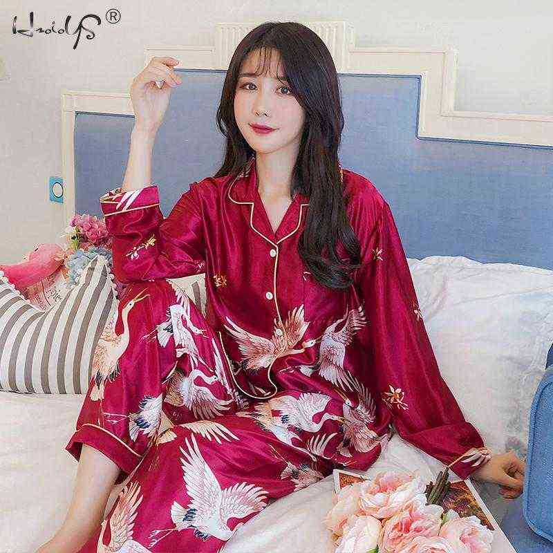 Oversize M-5XL Womens Long Sleeve Trousers Pyjamas Silk Satin Pajamas Sets Sleepwear Nightgown Suit Robe Bath Gown Sleepshirts 211118