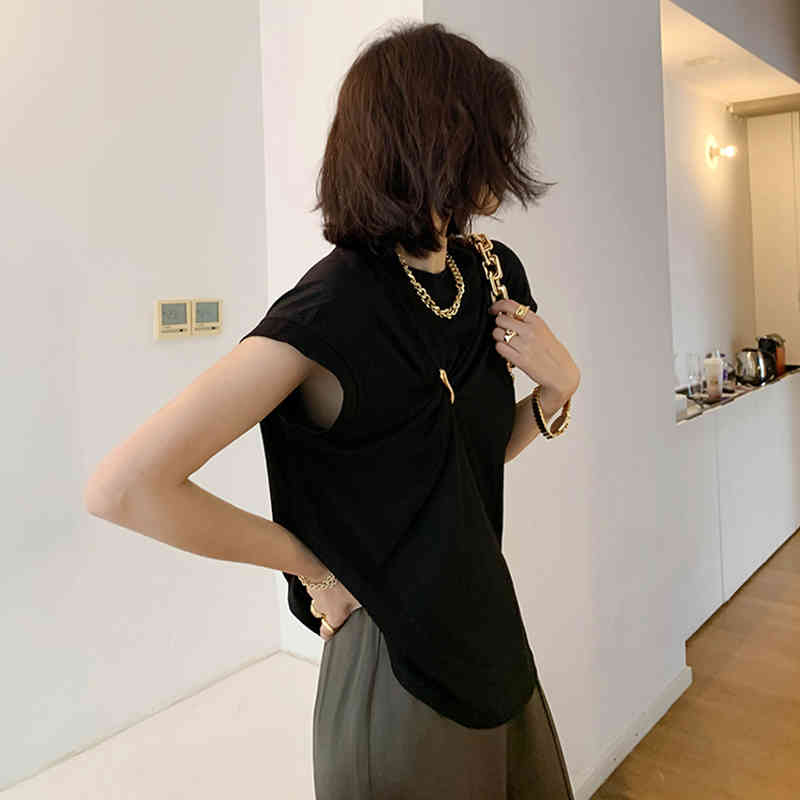 Patchwork Metal Button Vest For Women Stand Collar Sleeveless Casual White Vests Female Fashion Clothes Summer 210524