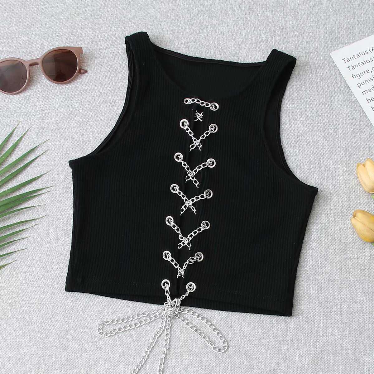 Women Cross Over Metal Chain Crop Top Sleeveless Casual Fashion Sexy Chic Lady Woman Camisole Tank Top 210709