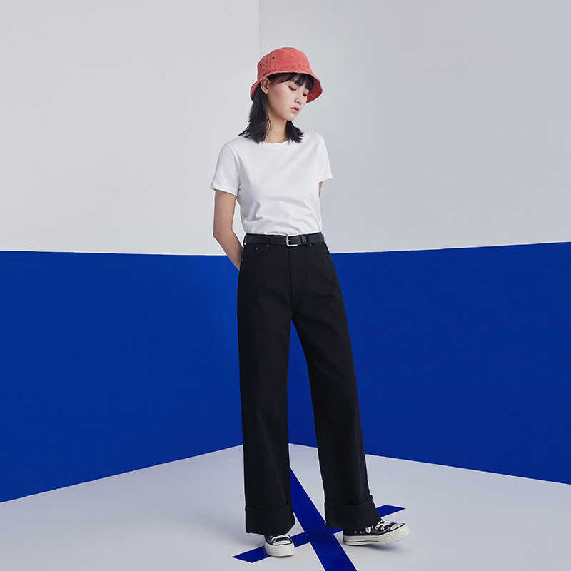 Toyouth Women Jeans Autumn High Waist Wide Leg Denim Trousers Solid Color Yellow Black Chic Pants 210922