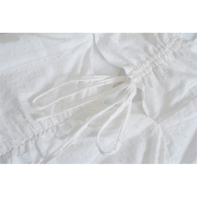 White Puff Sleeve Hollow Out French Mini Dress Summer Women's Square Neck Open Back Drawstring Cotton Vestido 210514
