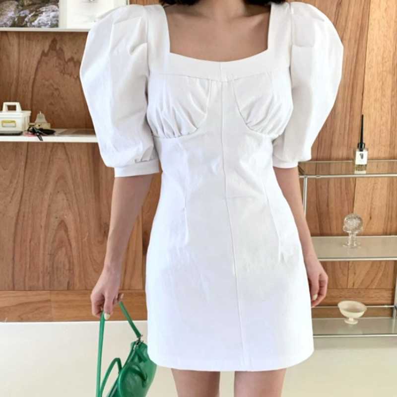 Korean Chic Square Collar Woman Dress Elegant Slim Waist Puff Sleeve Dresses Summer Solid Vestido Mujer 6H771 210603