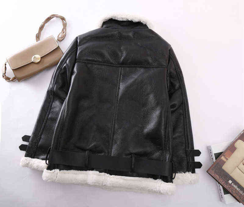 Aibeauty Lamb Fur Belt Women's Coat Female Tops Thicken Warm Motorcycle Lapel Long Sleeve Women Jacket 211130