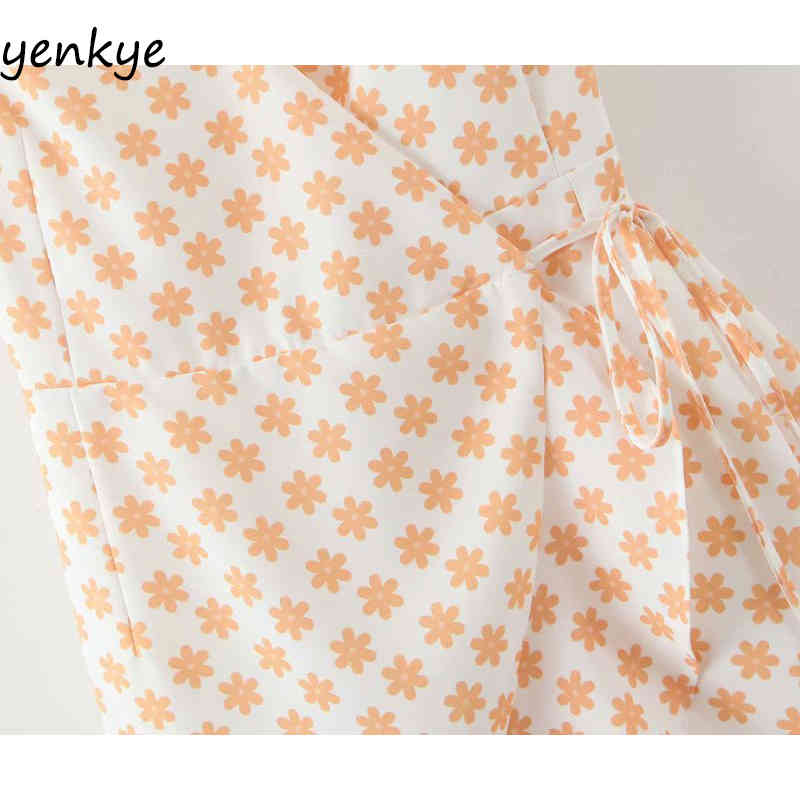 Yellow Floral Print Wrap Dress Sweet Women V Neck Short Sleeve Sundress robe femme A-line Mini Ruffle Holiday Summer Dress 210515