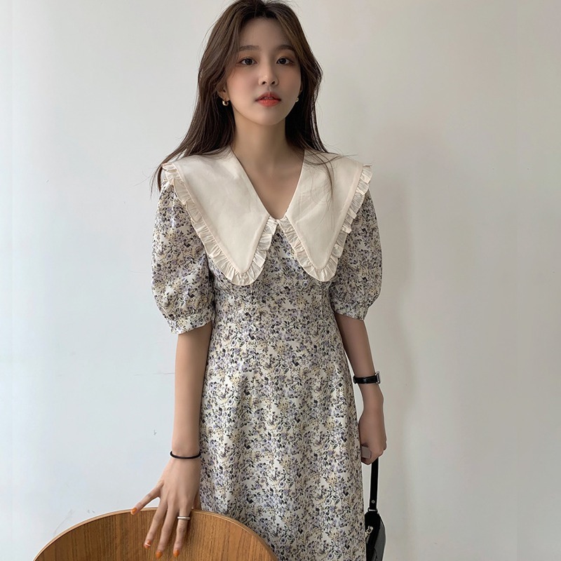 Women Summer Elegant Floral Dress Korea Fashion Peter Pan Collar A-line Casual Sashes Sundress 210519