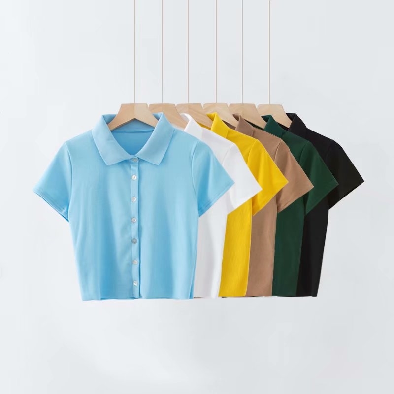 Women Short Sleeve Collared Button Up Crop Top Opaque Buttons T-shirt 210406