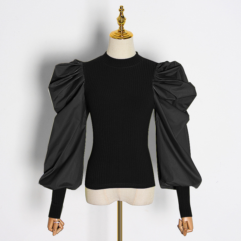 O Neck Chic Puff Long Sleeve Knit Patchwork Pullovers Spring Woman Tops Solid Elegant All-match Slim Fit Sweater 210519